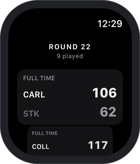 Footy Scores on Apple Watch, showing Round 22 with Carlton 106 and St Kilda 62.