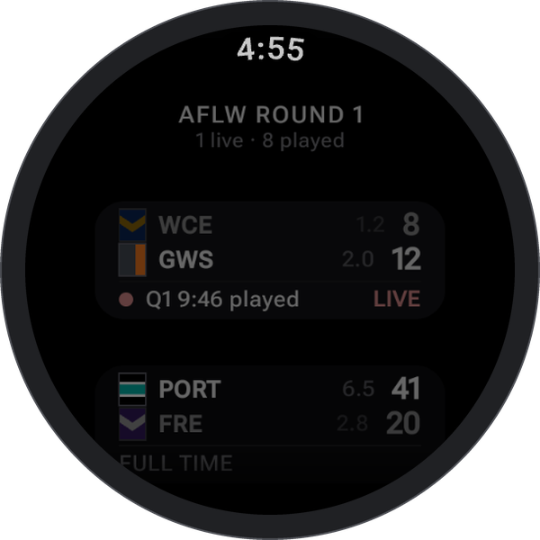 A round watch showing AFLW Round 1, one match live: West Coast 1.2 (8) against GWS 2.0 (12) in the first quarter, with a completed match beneath it.