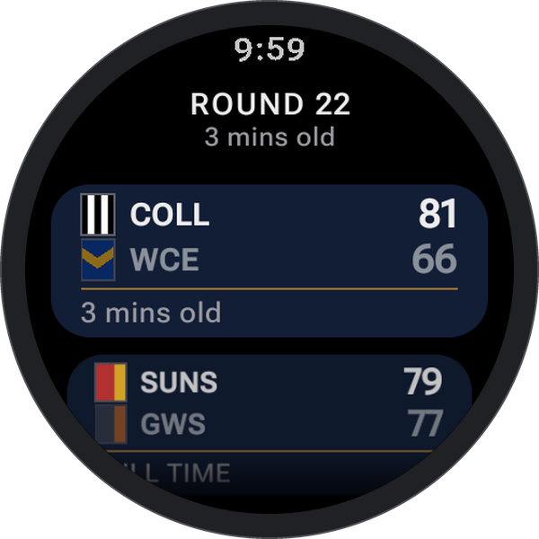 Footy Scores on Wear OS in club colours, showing Collingwood against West Coast.