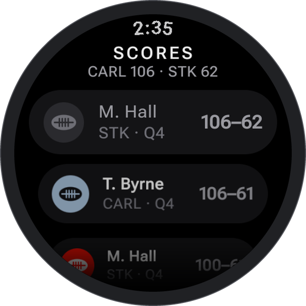 The goal feed: M. Hall for St Kilda in the last quarter making it 106 to 62, then T. Byrne for Carlton.