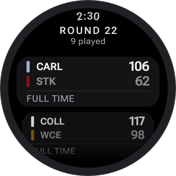 A round watch showing Round 22: Carlton 106, St Kilda 62 at full time, and Collingwood 117, West Coast 98 below it.