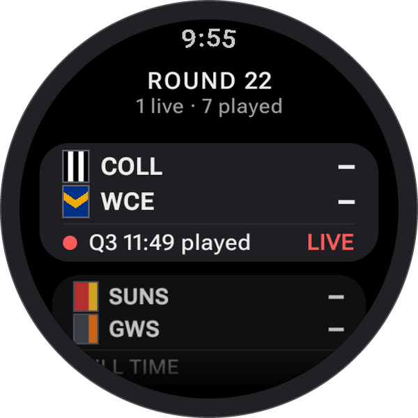 The round with every score hidden: dashes where the numbers would be, and the note that a match is final.