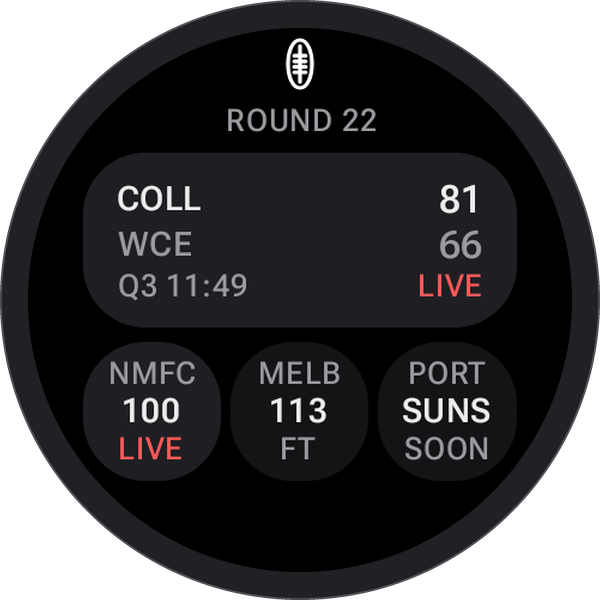 The tile: Collingwood 81, West Coast 66 live in the third quarter, with three more matches beneath.